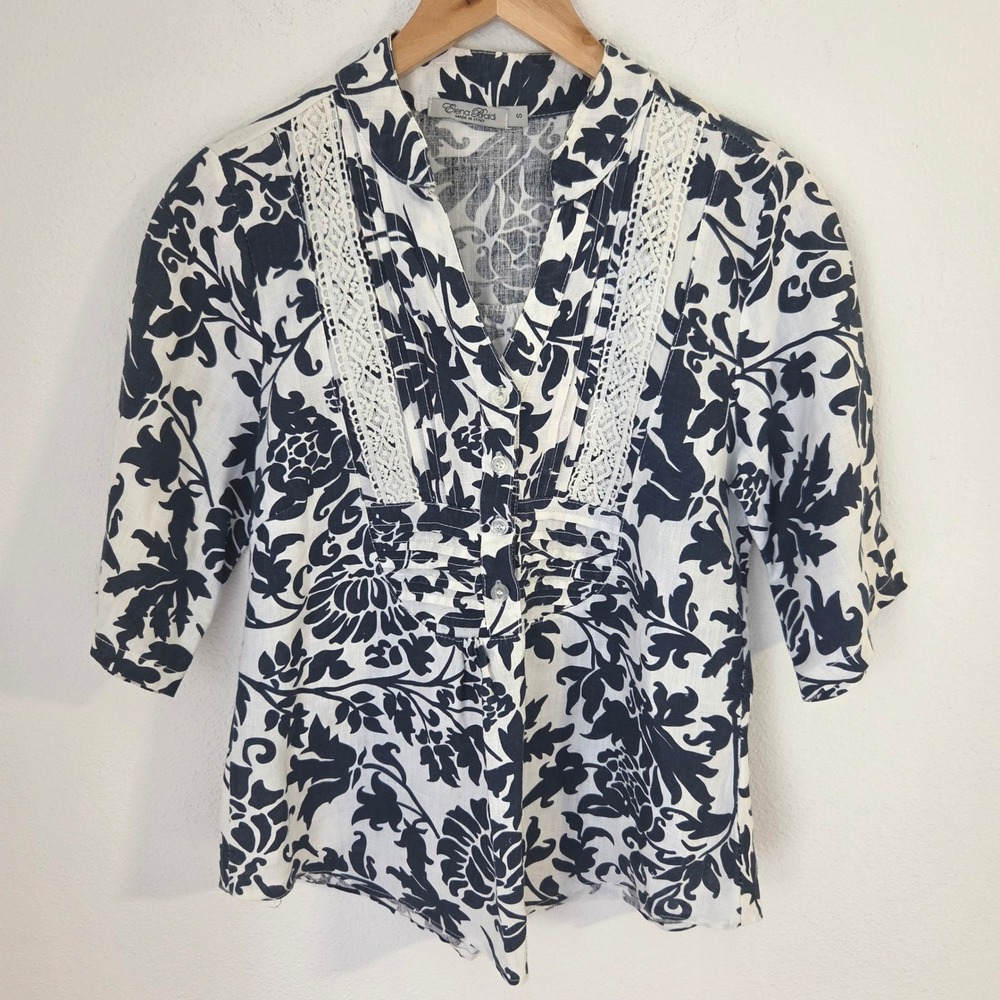 Elena Baldi Italy Linen Floral Lace Pintuck Blouse Navy White Art 3442 Small